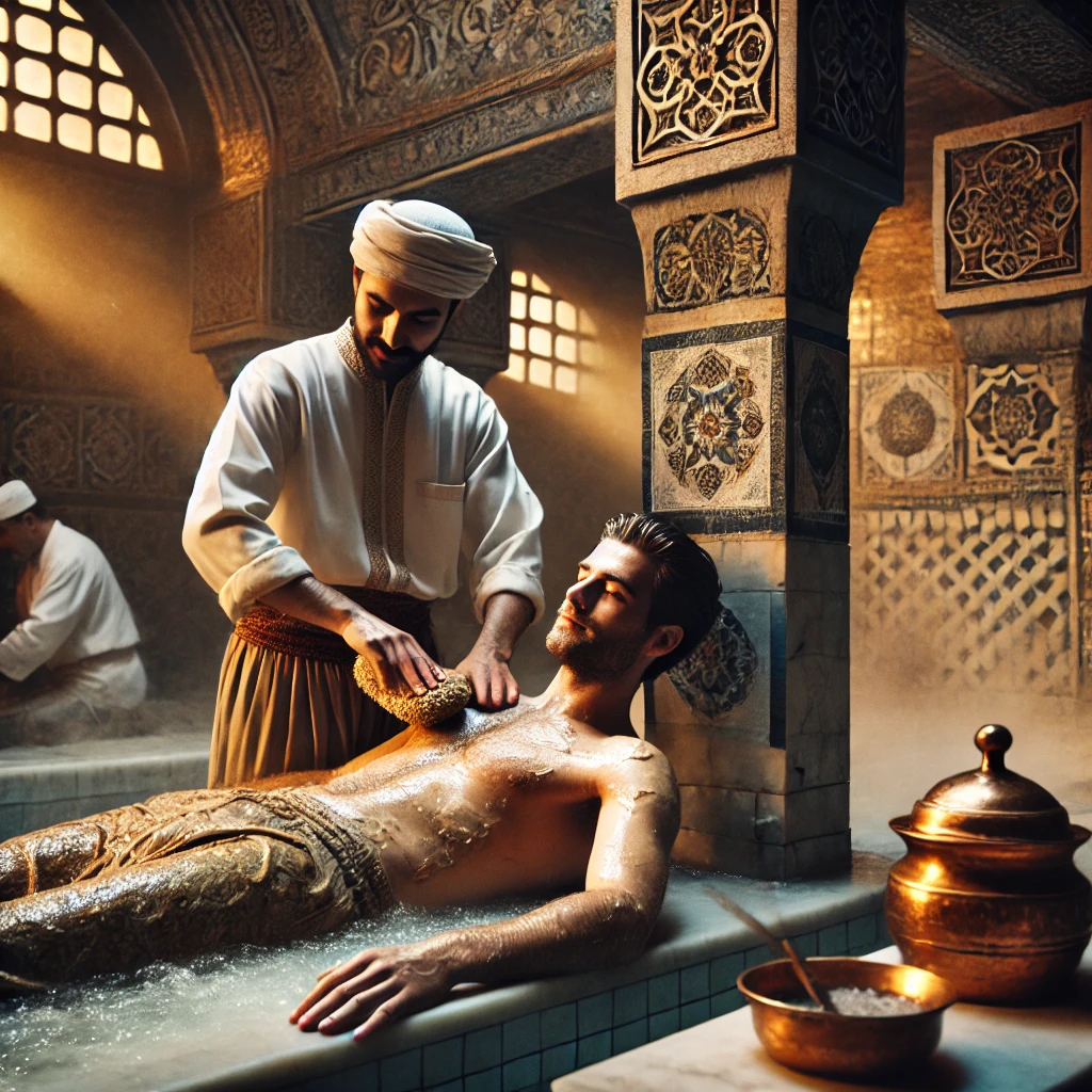 A scene of a man having a body scrub in a traditional Turkish hammam. The man is lying on a marble slab, with an attendant in traditional attire scrub