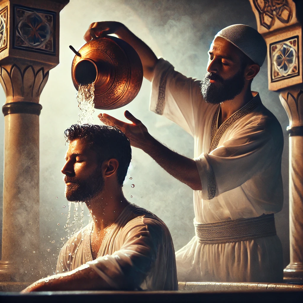 A detailed image of two men in a traditional hammam, a Turkish bathhouse. One man is sitting on a marble bench, cleansing himself, while the other man