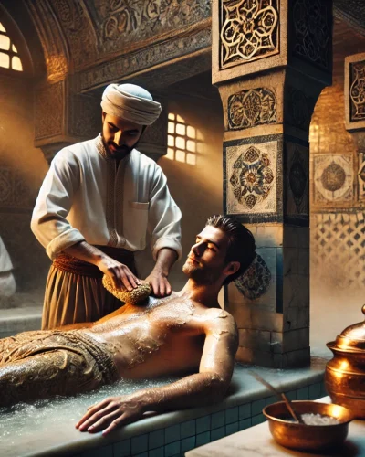 A scene of a man having a body scrub in a traditional Turkish hammam. The man is lying on a marble slab, with an attendant in traditional attire scrub